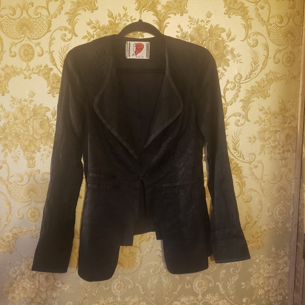 NWOT Free People Black Crinkle Satin Tuxedo Blazer Jacket Size 10 Glam Chic